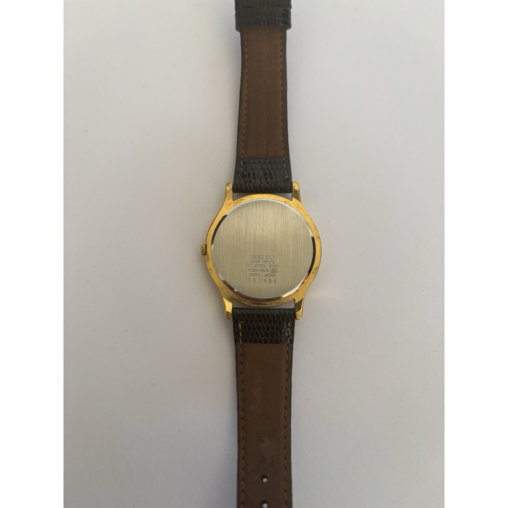 Vintage Seiko Mens Watch Gold Tone White Dial V700-8A10 Leather - Picture 3 of 8